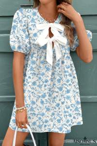 Sky Blue Floral Bow Front Puff Sleeve Mini Dress