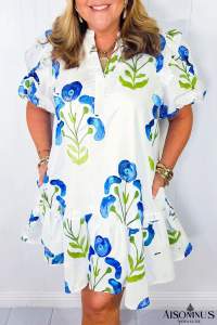 Sky Blue Floral Print Puff Sleeve Plus Size Ruffle Hem Mini Dress