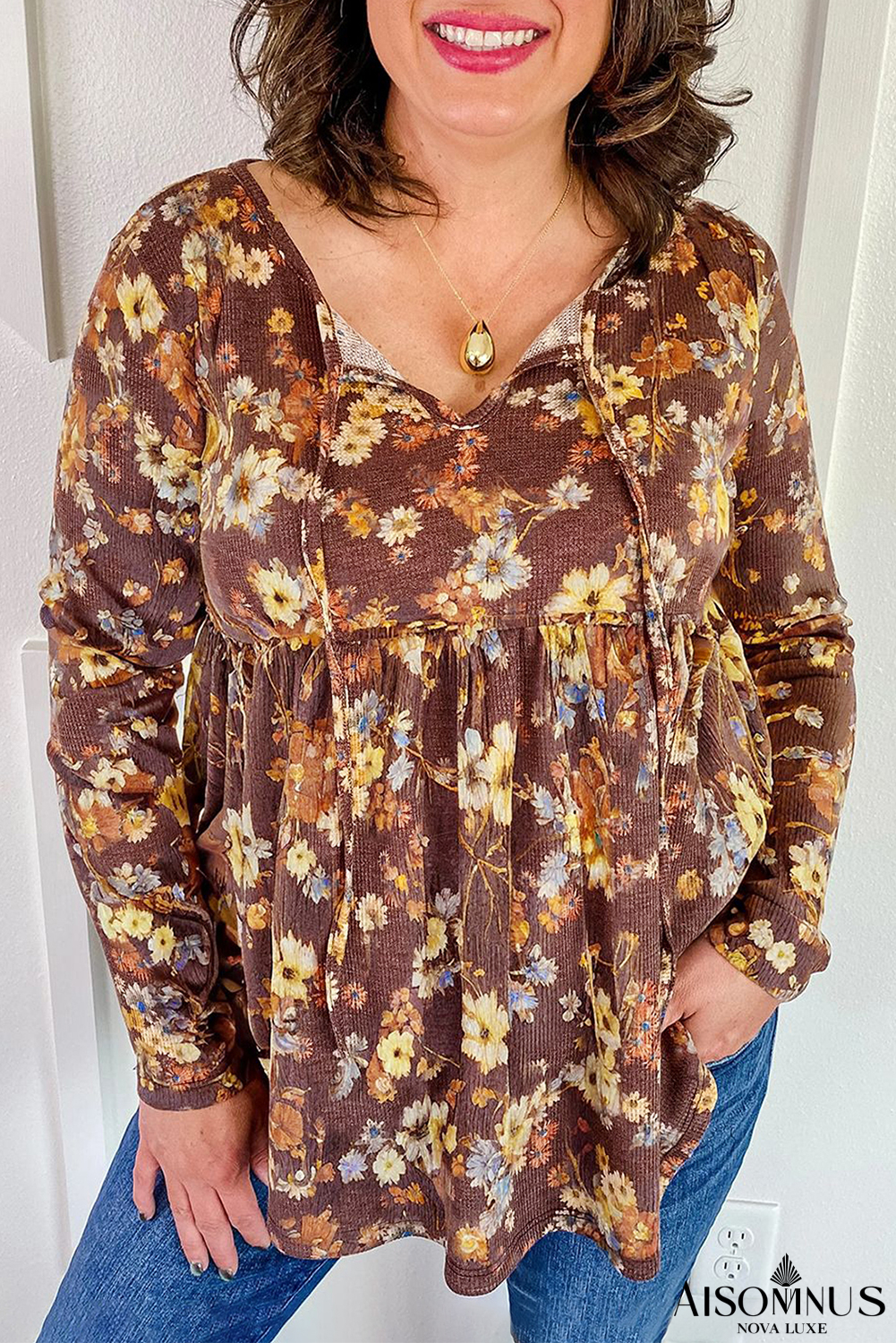 Khaki Floral Textured Long Sleeve Tie Neck Plus Size Babydoll Blouse