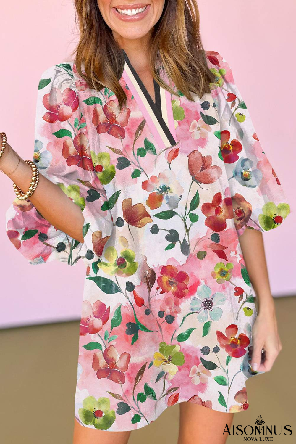 Red Pop of Color V Neck Puff Sleeve Floral Mini Dress