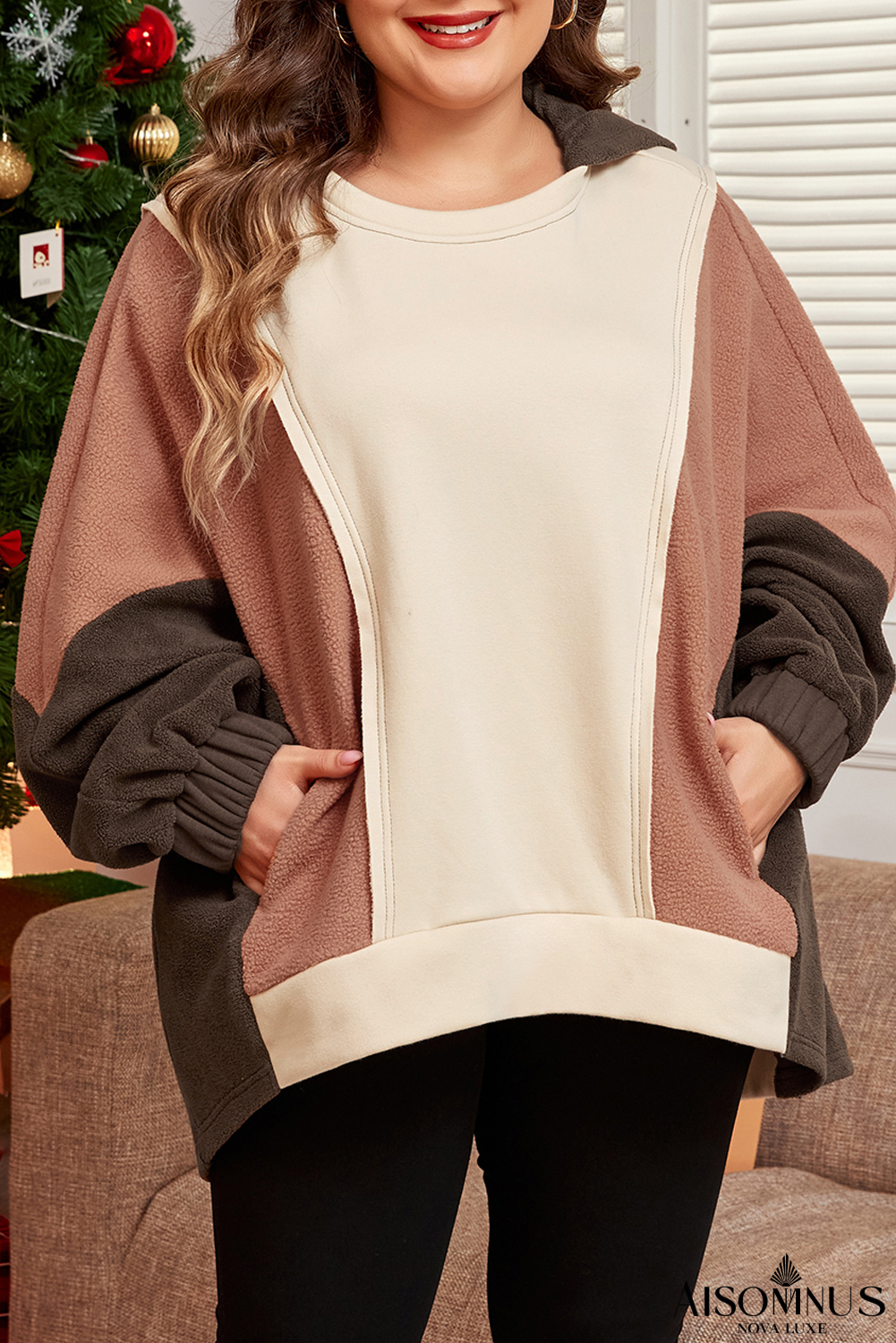 Brown Plus Size Exposed Seam Patchwork Sweatshirt