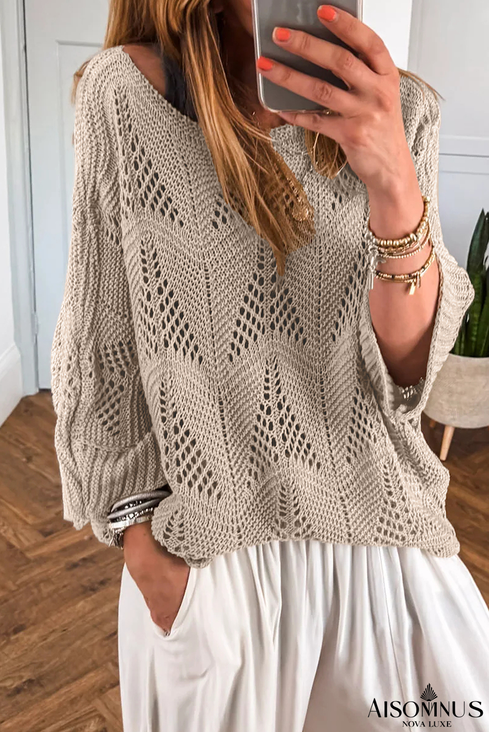 Parchment Hollow Out Knit 3/4 Sleeve Casual Sweater