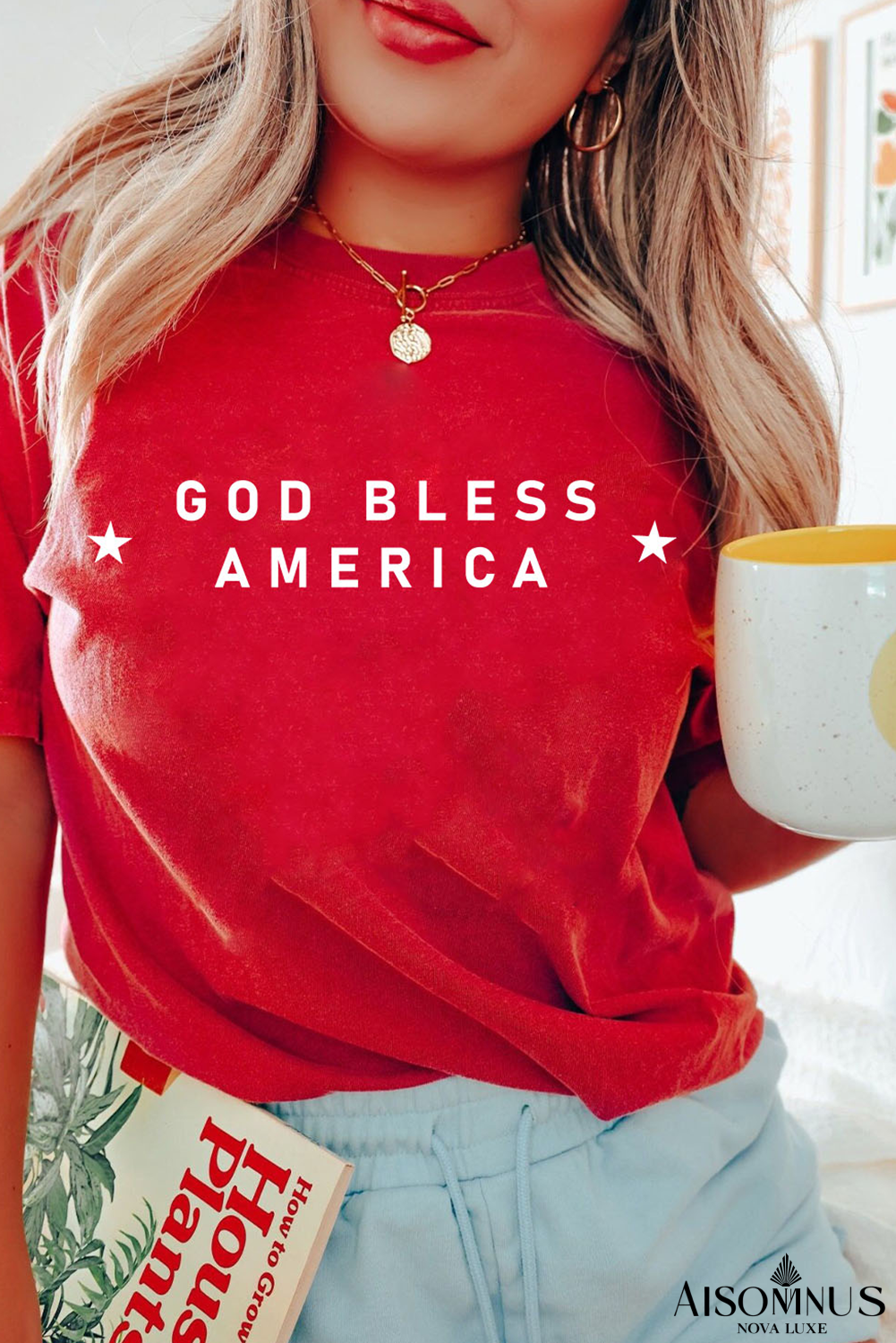 Red Independence Day GOD BLESS AMERICA Crew Neck Graphic Tee
