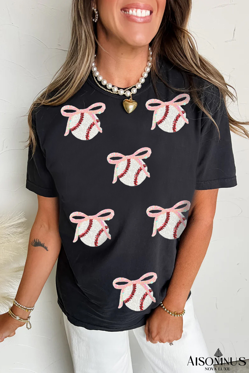 Black Shimmering Sequin Bow Ball Patterned Game Day Casual Tee