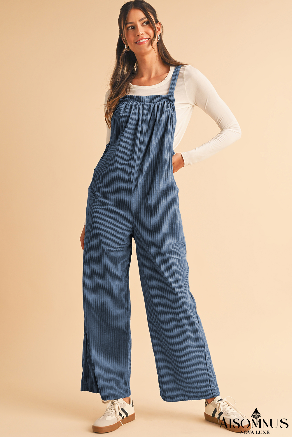 Real Teal Plain Pocketed Loose Fit Corduroy Overalls