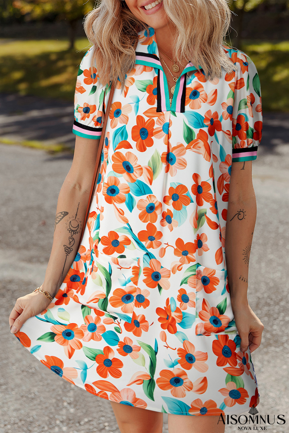 Orange Pop of Color Split Neck Puff Sleeve Floral Mini Dress