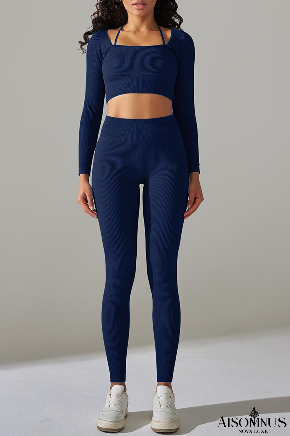 Navy Blue Ribbed Long Sleeve Top and Leggings Workout Set
