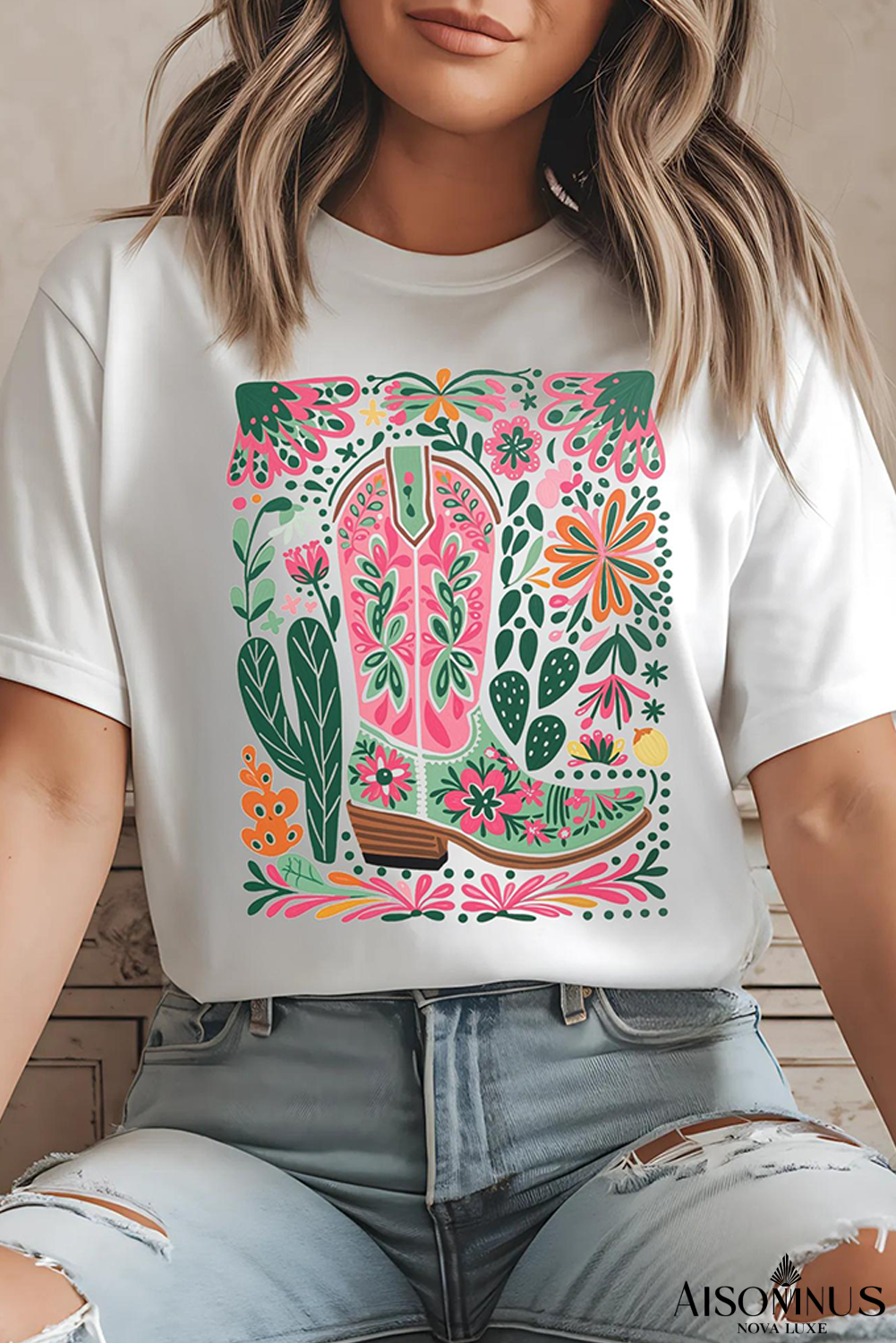White Boots Flower Print Crew Neck Graphic Loose Tee