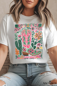 White Boots Flower Print Crew Neck Graphic Loose Tee