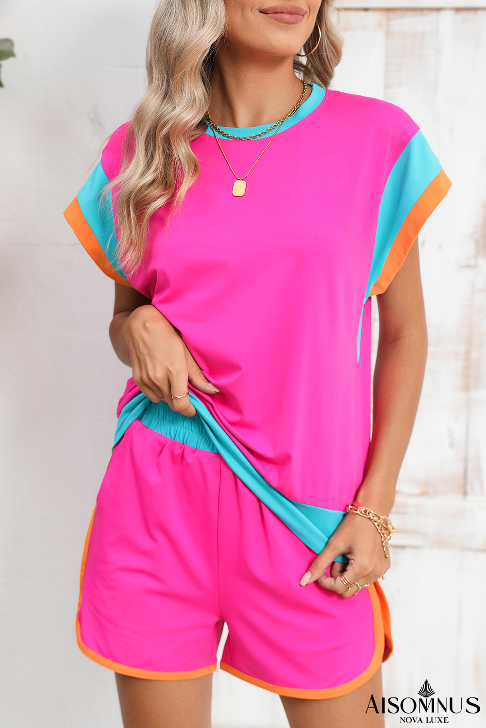 Rose Red Color Block Loose Fit Top and Elastic Waist Shorts Set