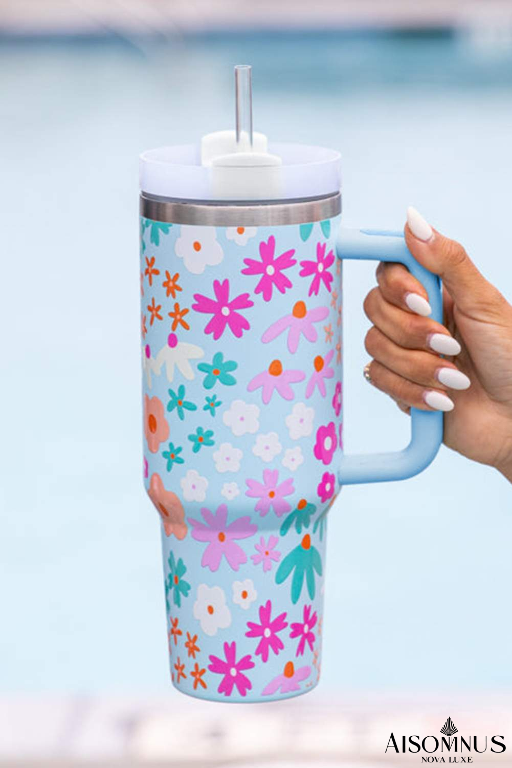Beau Blue Cute Flower Print Handled Cup with Straw 40oz