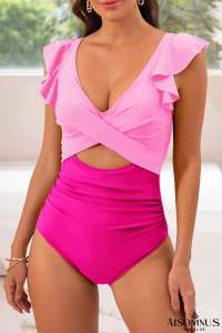 Rose Red Color Block Cut Out Criss Cross One Piece Swimsuit