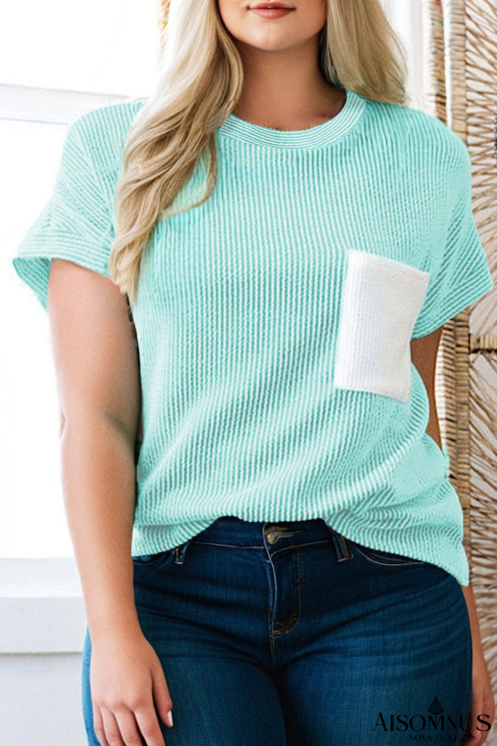 Light Blue Patched Pocket Crew Neck Corded Rib Plus Size T Shirt