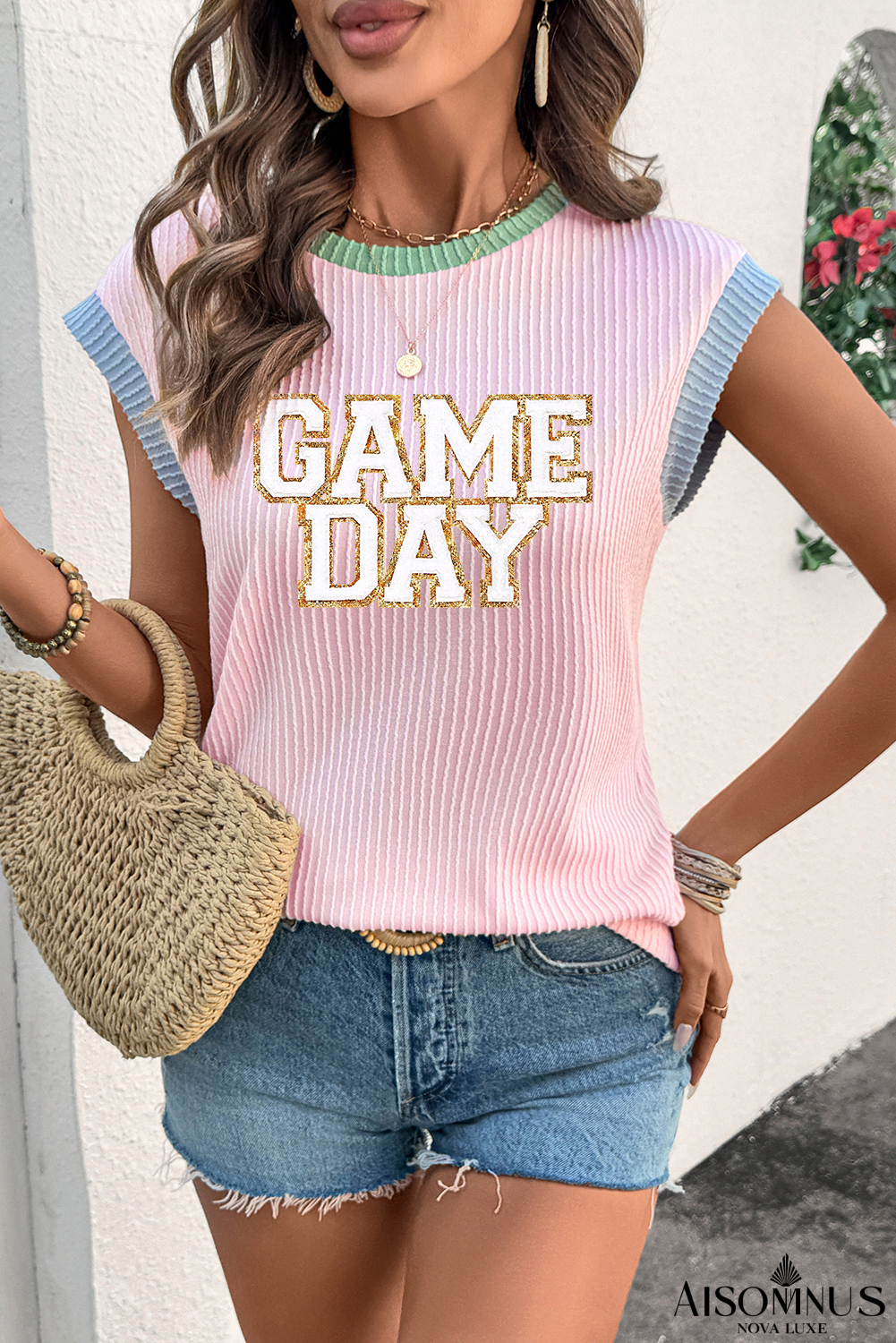 Pink Sequin GAME DAY Graphic Corded Rib Knit Colorblock T Shirt