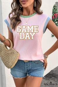Pink Sequin GAME DAY Graphic Corded Rib Knit Colorblock T Shirt