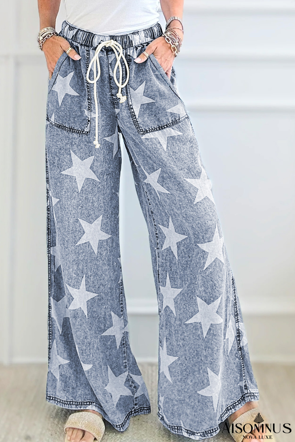 Light Blue Star Print Light Wash Drawstring High Waist Wide Leg Jeans