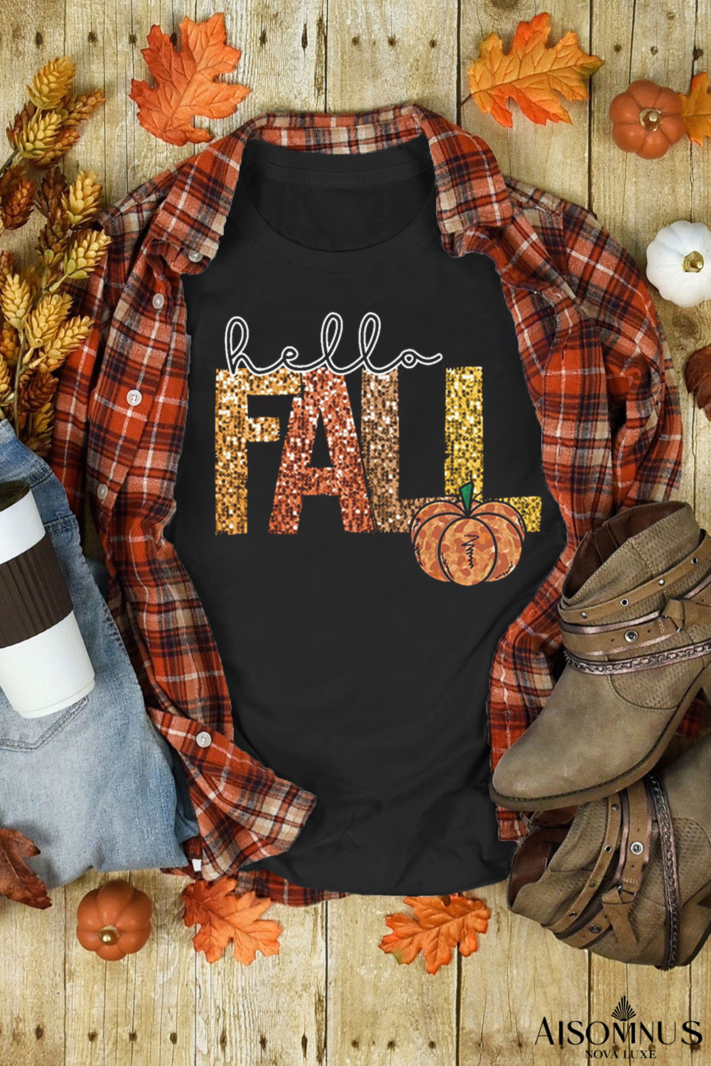 Black Hello Fall Letter Pumpkin Printed T Shirt