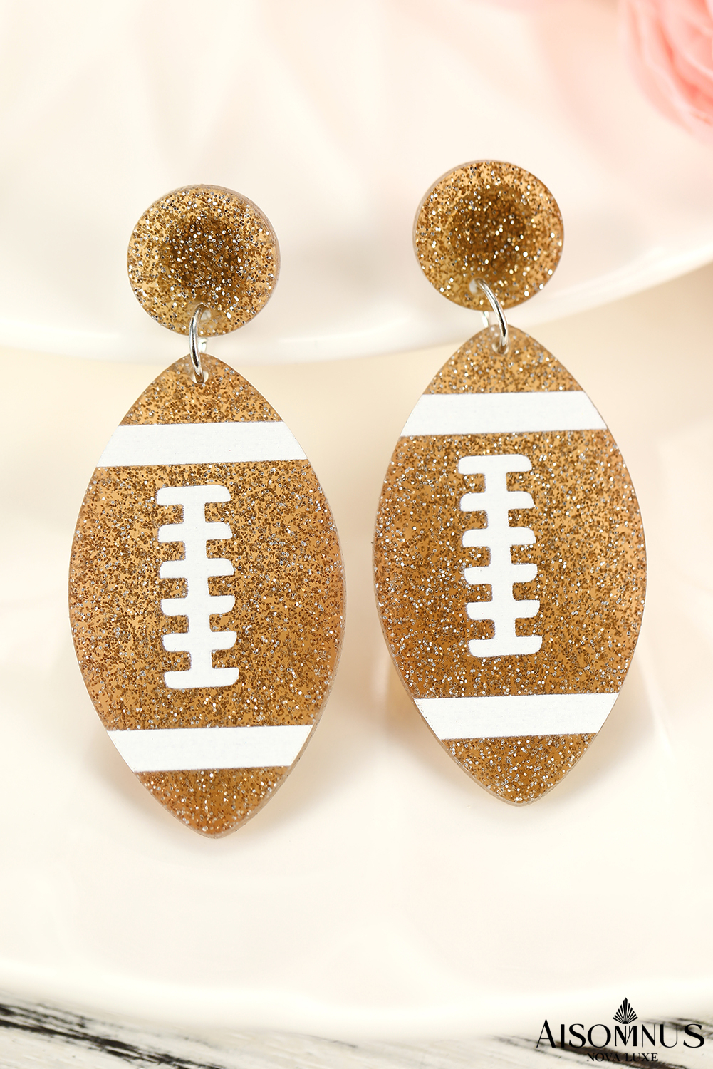 Brown Glittering Football Dangle Earrings