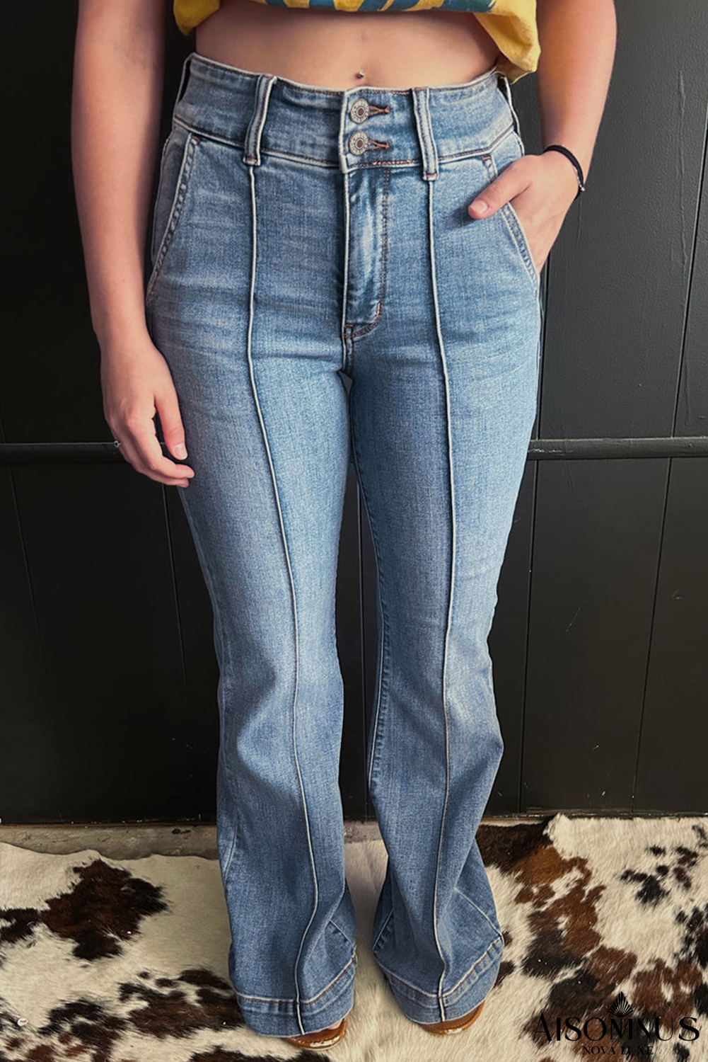 Dusk Blue Buttoned High Waist Piping Trim Flared Jeans