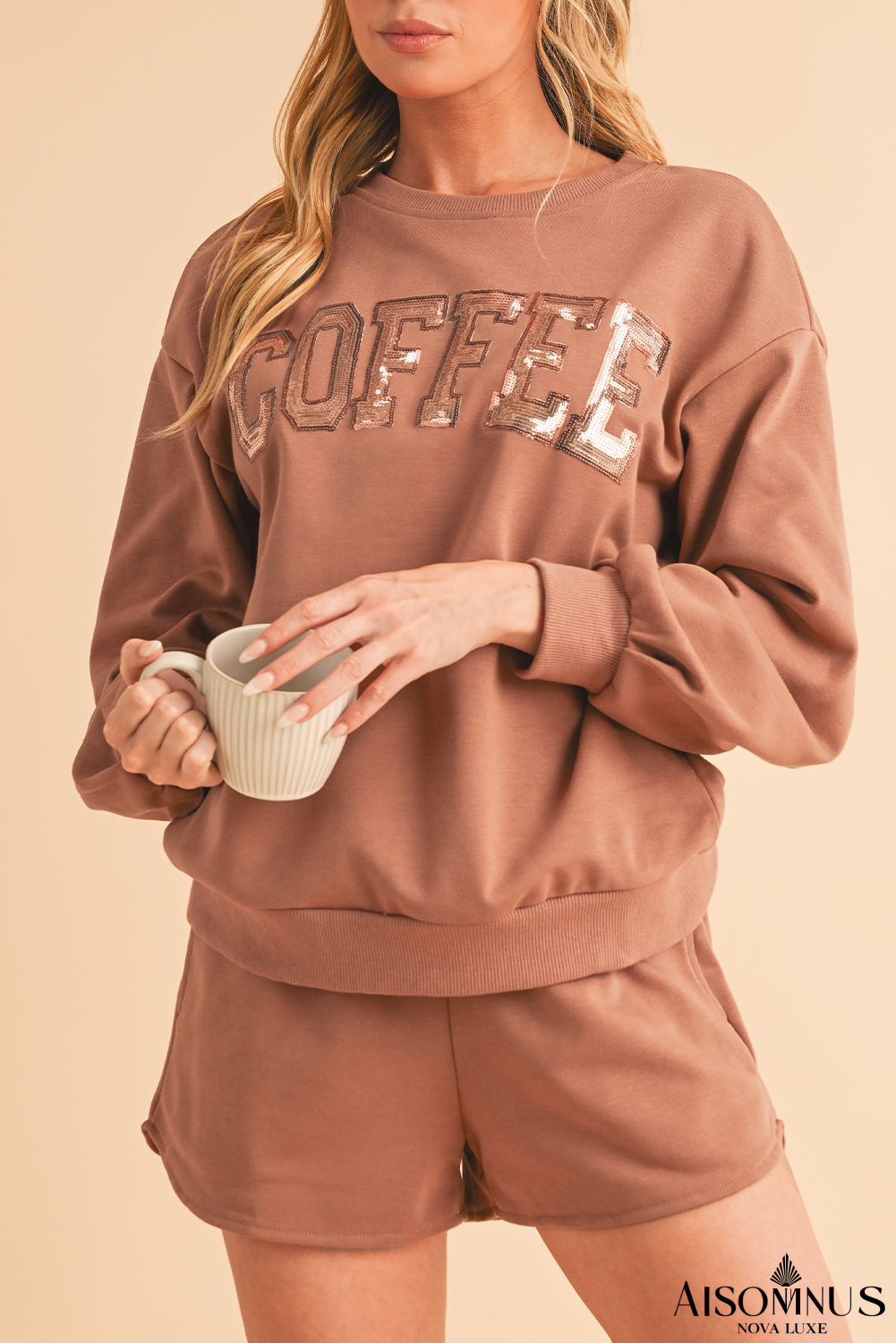 Straw Yellow Sequins COFFEE Loose Fit Sweatshirt and Shorts Set