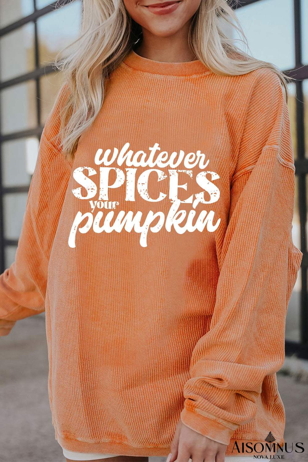 Orange Crinkle Rib Whatever Spices Your Pumpkin Graphic Sweatshirt
