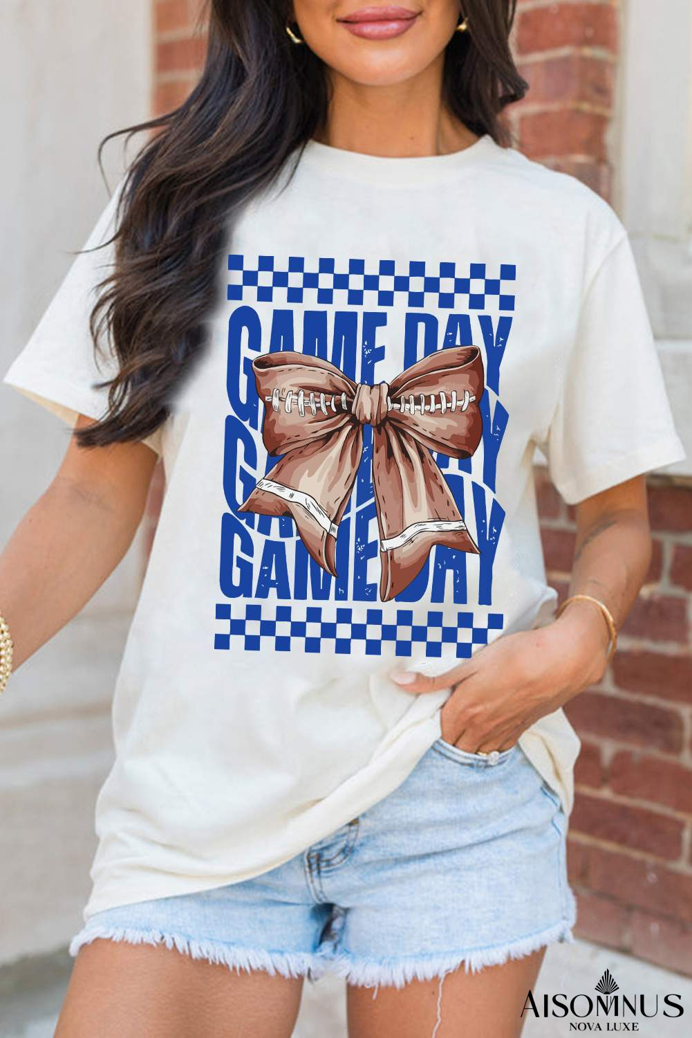 White Football Bow Game Day Crewneck T Shirt