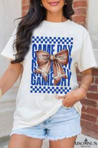 White Football Bow Game Day Crewneck T Shirt