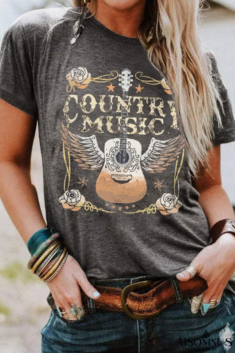 Gray COUNTRY MUSIC Guitar Graphic Print Crew Neck T Shirt