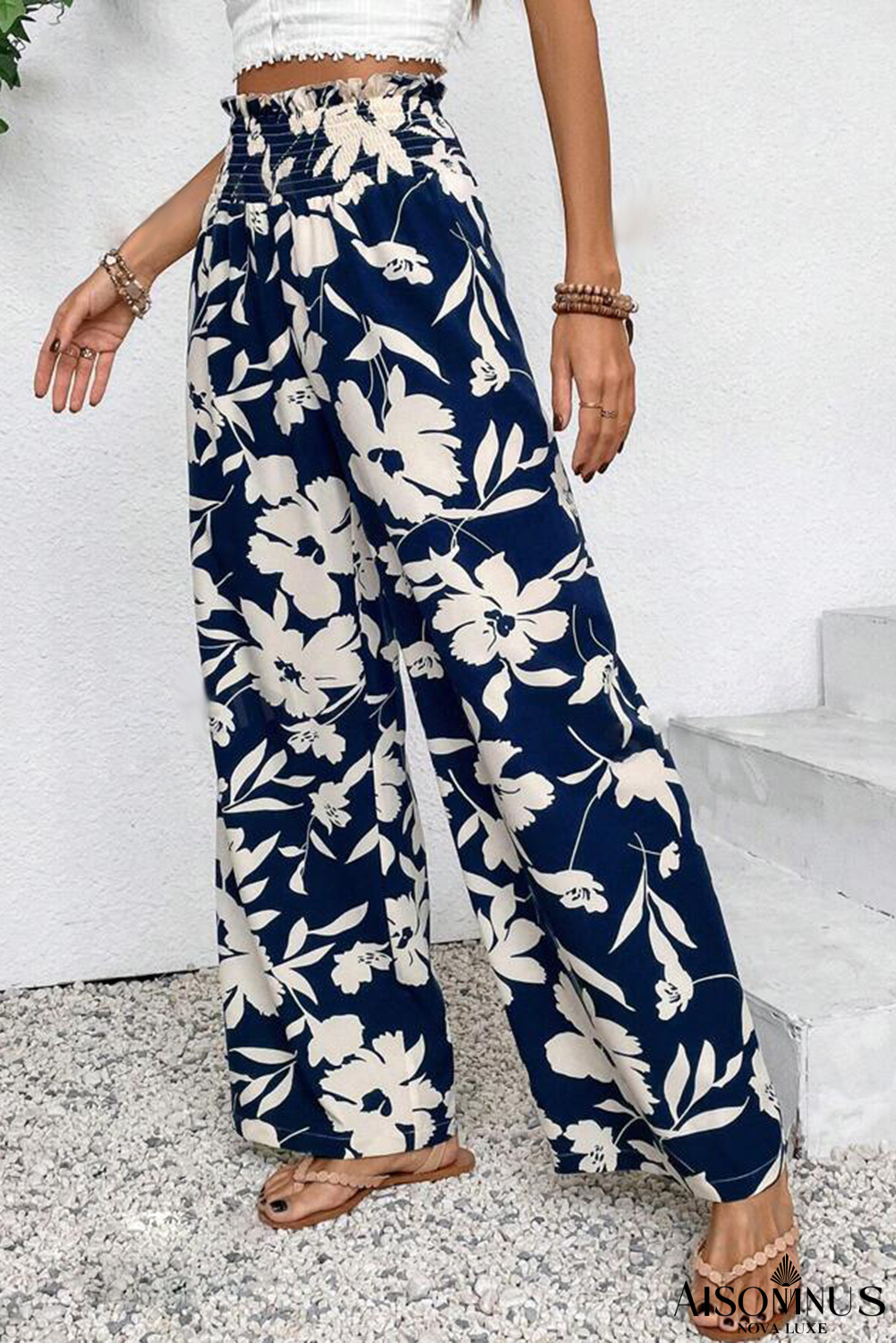 Blue Floral Smocked Frill Waist Wide Leg Pants