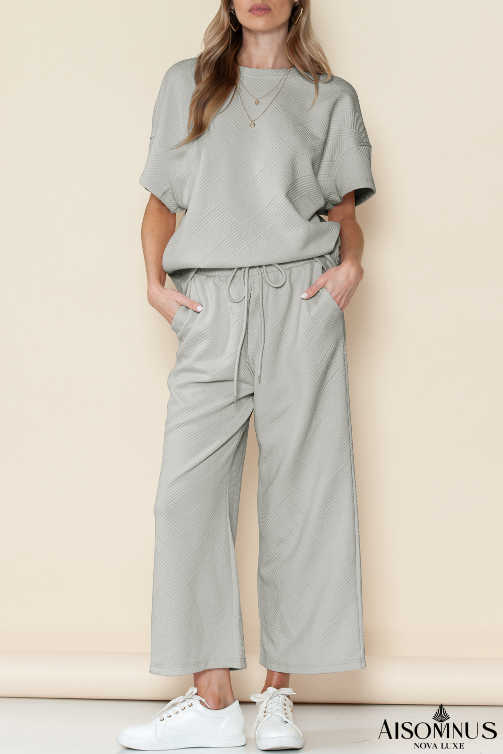 Gray Textured Loose Fit T Shirt & Drawstring Pants Set