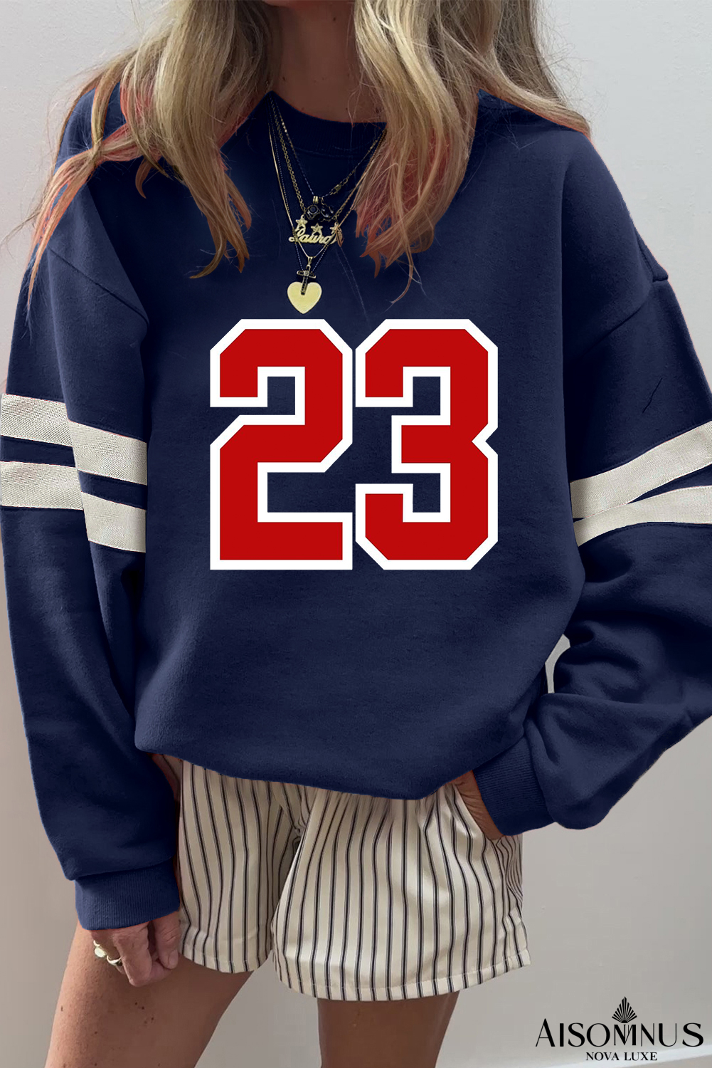 Navy Blue Number 23 Striped Sleeve Oversized Varsity Sweatshirt