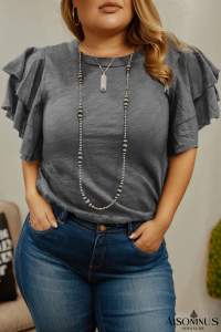 Dark Grey Layered Ruffle Short Sleeve Plus Size Top