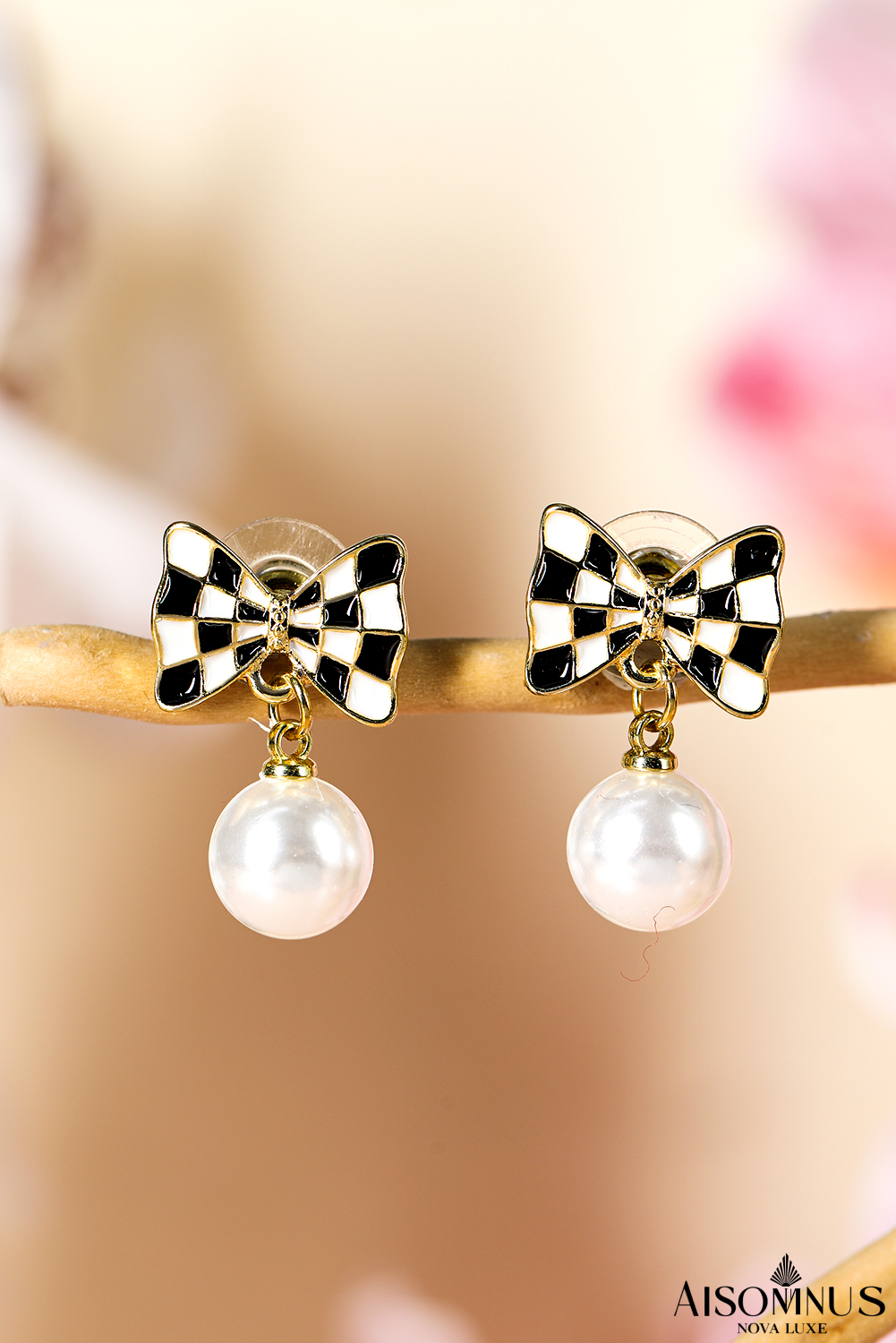 Black Checkered Bow Pearl Drop Earrings
