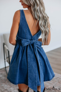 Sail Blue Bowknot A-line Sleeveless Denim Dress