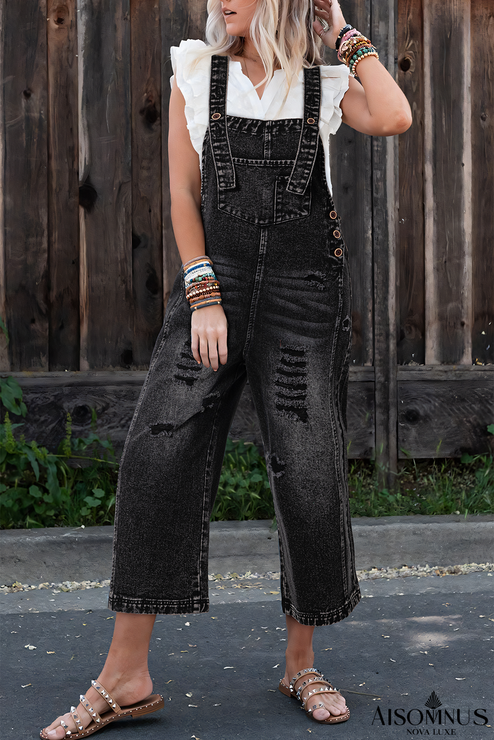 Black Distressed Bib Pocket Wide Leg Denim Overall