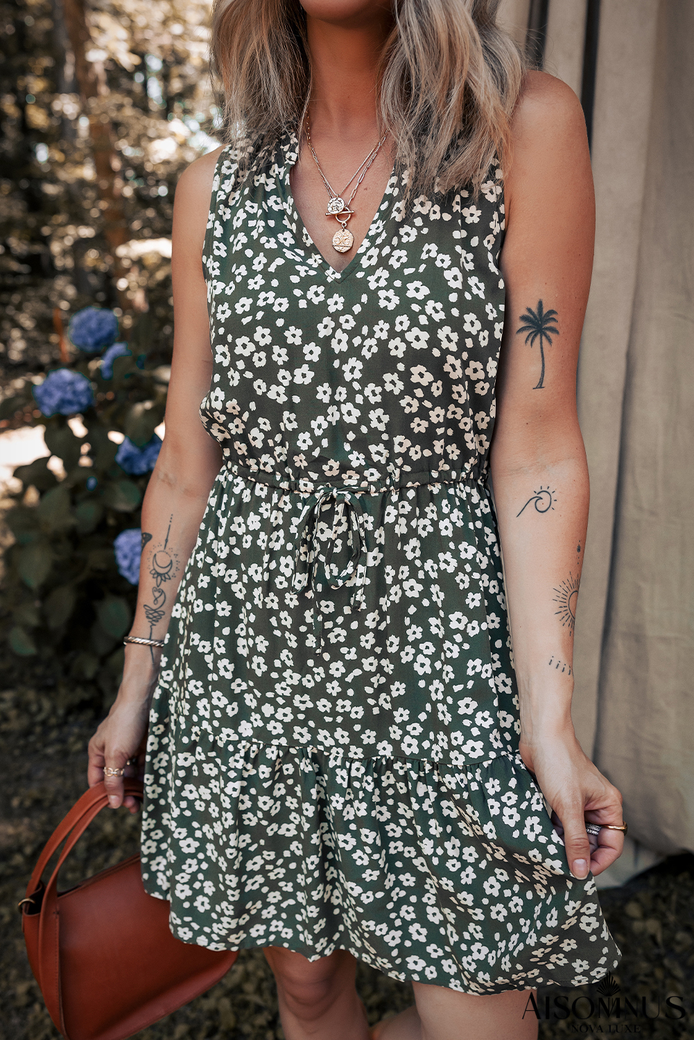 Green Boho Floral Print V Neck Knot Waist Sleeveless Dress