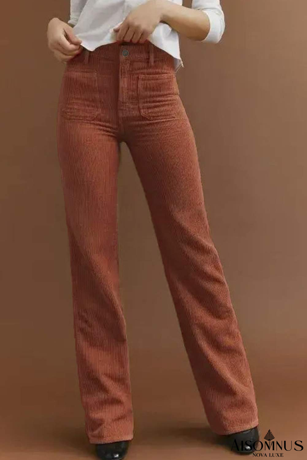 Brown High Waist Pockets Corduroy Flare Leg Pants