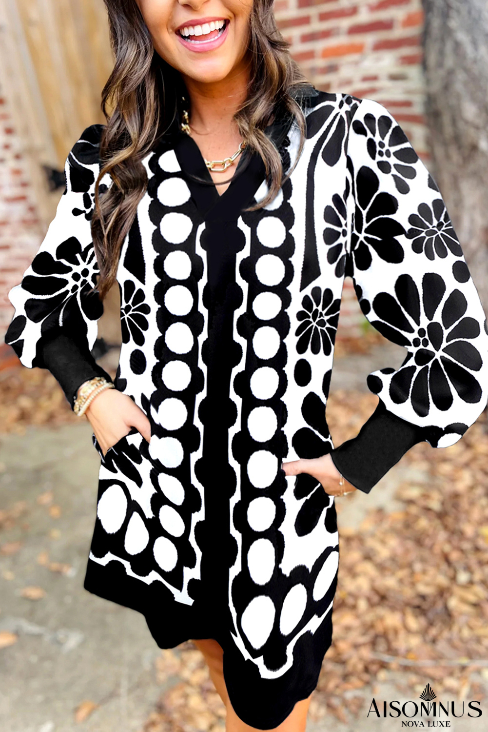 Black Abstract Print V Neck Puff Sleeve Mini Dress