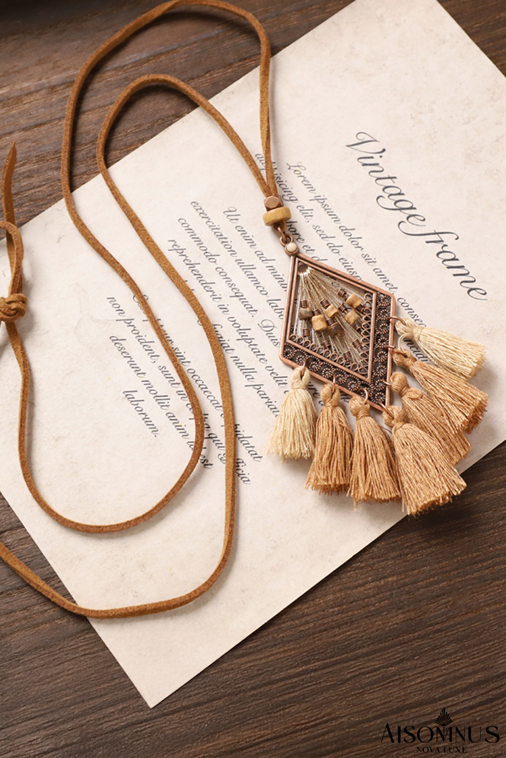 Chestnut Boho Tassel Fringe Necklace with Leather Cord