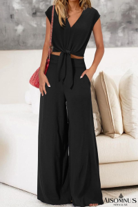 Black V Neck Knot Waist Sleeveless Top and Wide Leg Pants Set