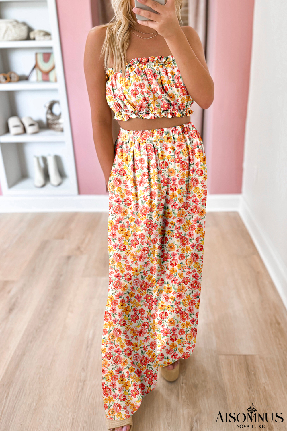 Pink Boho Floral Bandeau Top and High Waist Wide Leg Pants Set