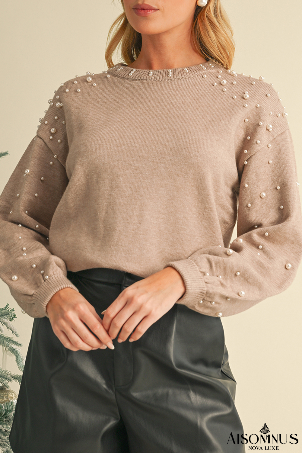 Smoke Gray Pearl Drop Shoulder Round Neck Sweater