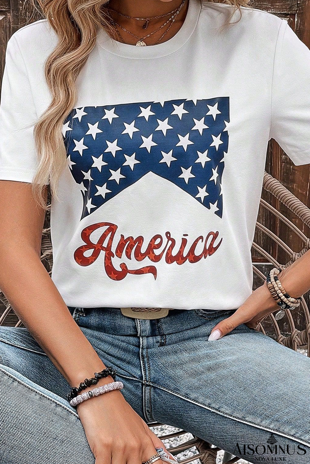 White Casual America Stars Graphic Crew Neck T Shirt