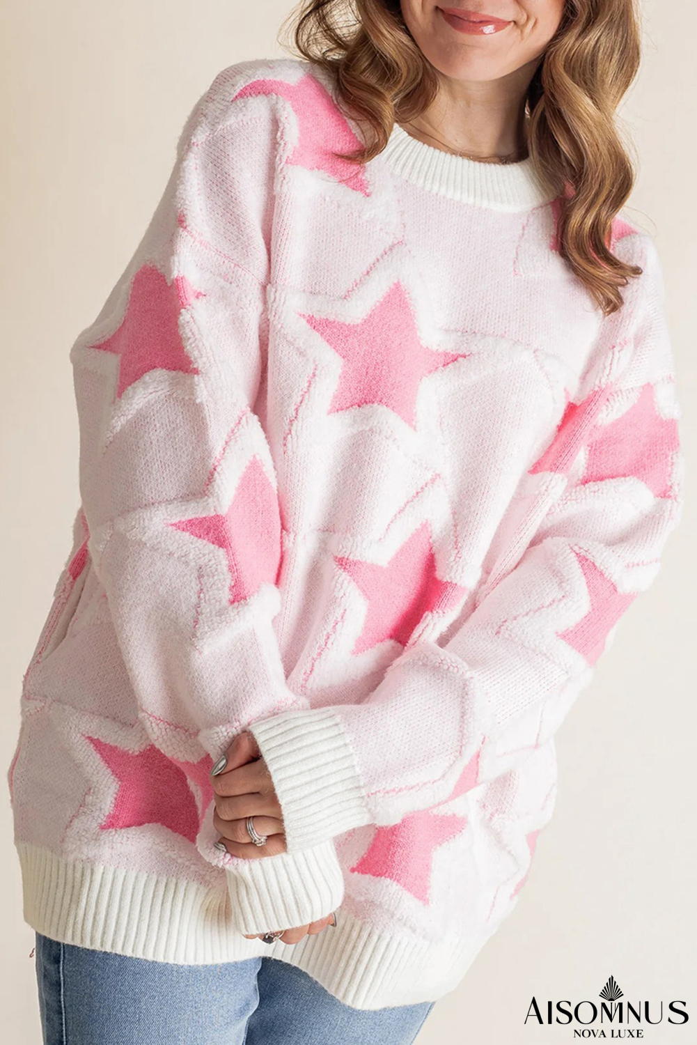 Sachet Pink Star Pattern Drop Sleeve Loose Sweater