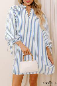 Sky Blue Striped Notched Neck Knot Cuffs Mini Dress