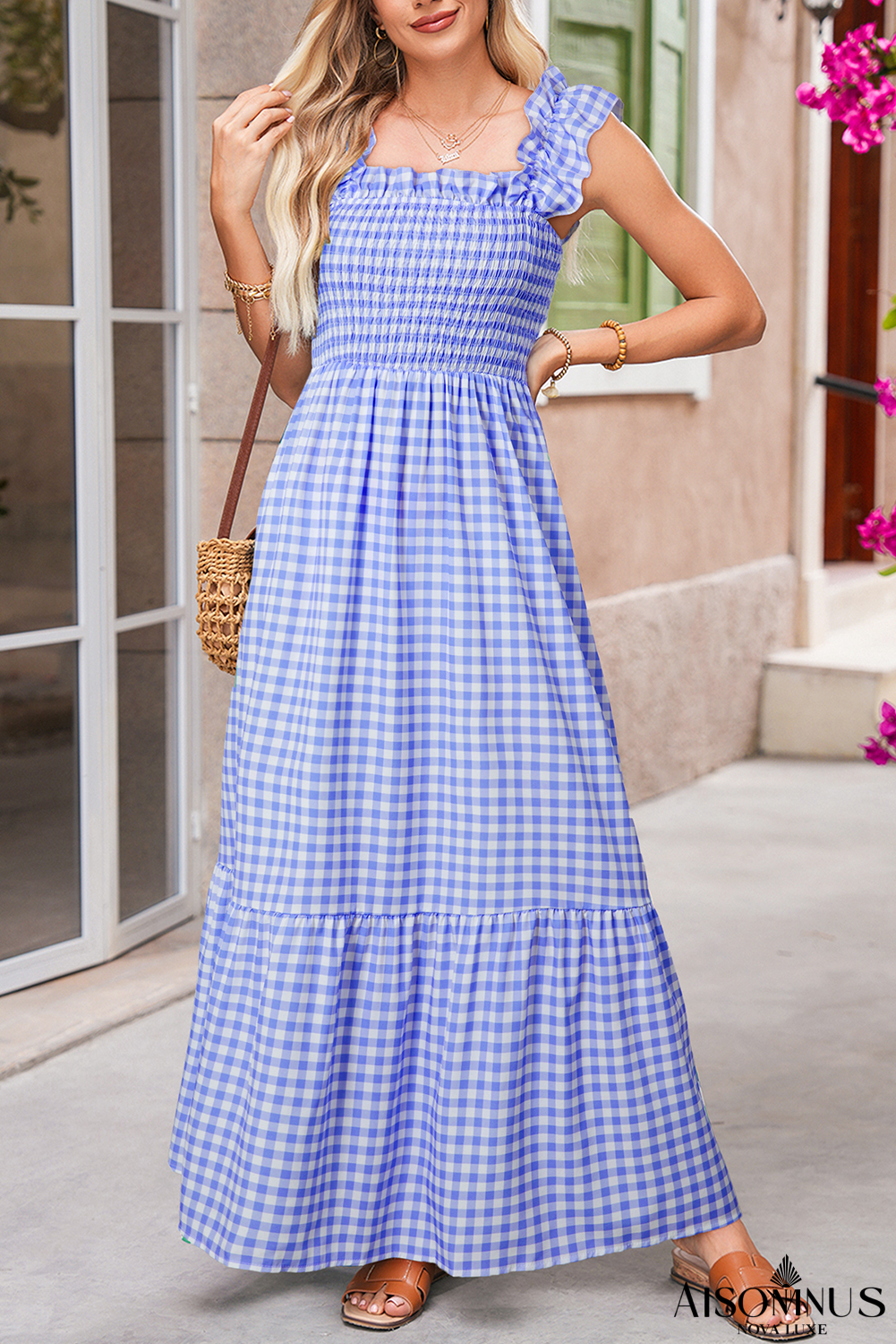 Sky Blue Plaid Square Neck Sleeveless Maxi Dress