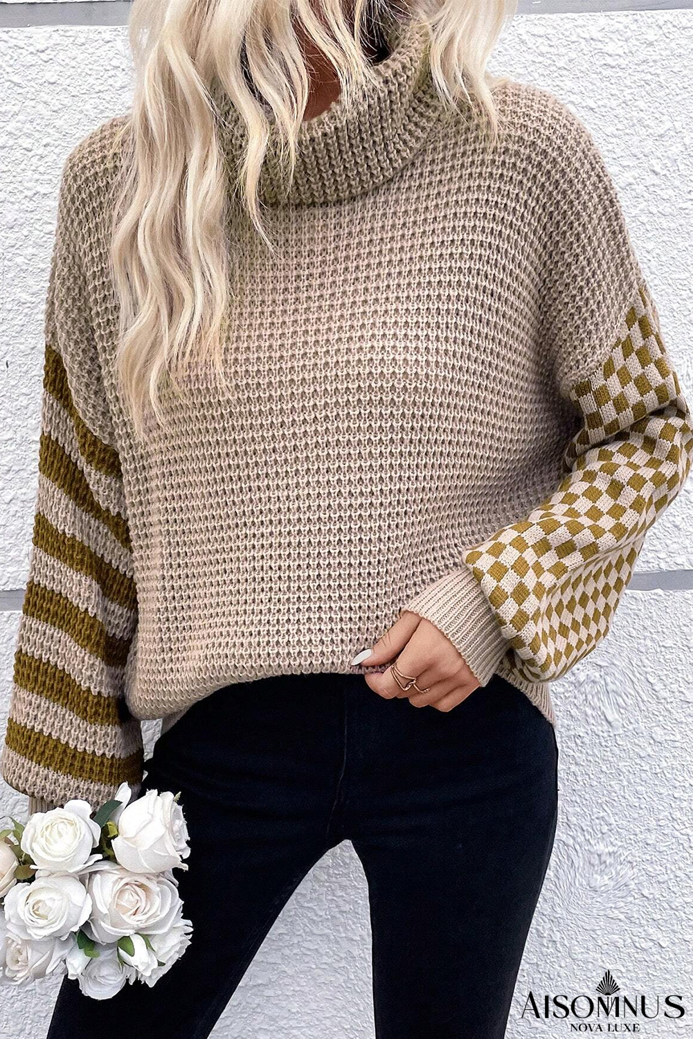 Smoke Gray Striped Plaid Patchwork Waffle Knit Turtleneck Sweater