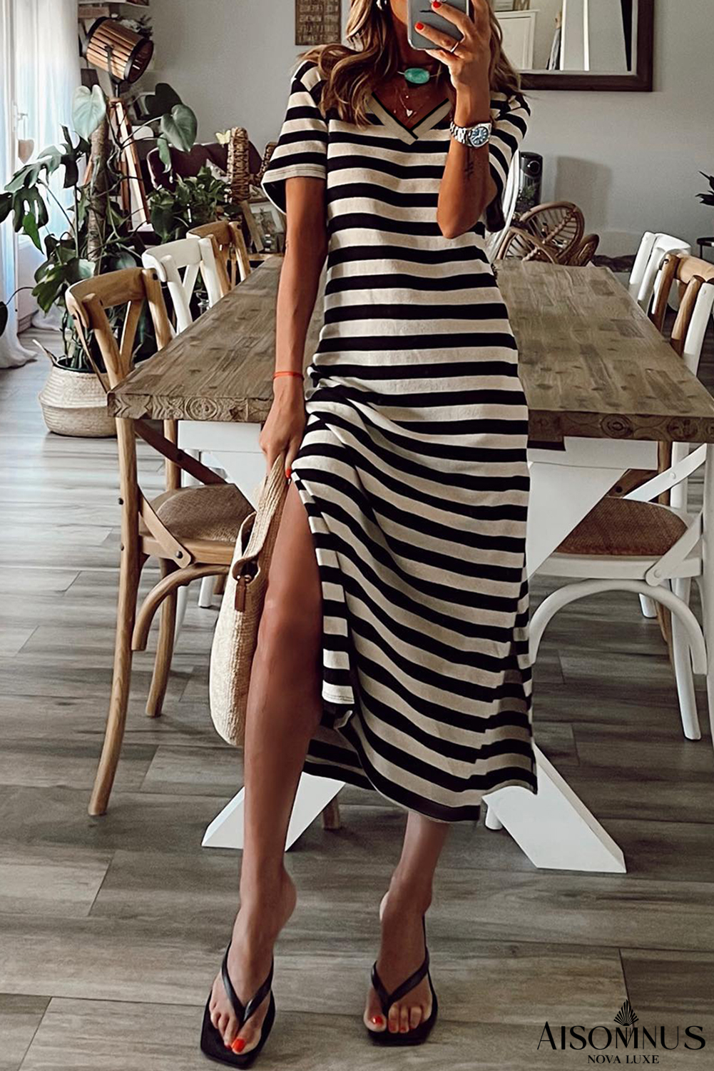 Black Casual Striped Print V Neck Side Split Maxi Dress