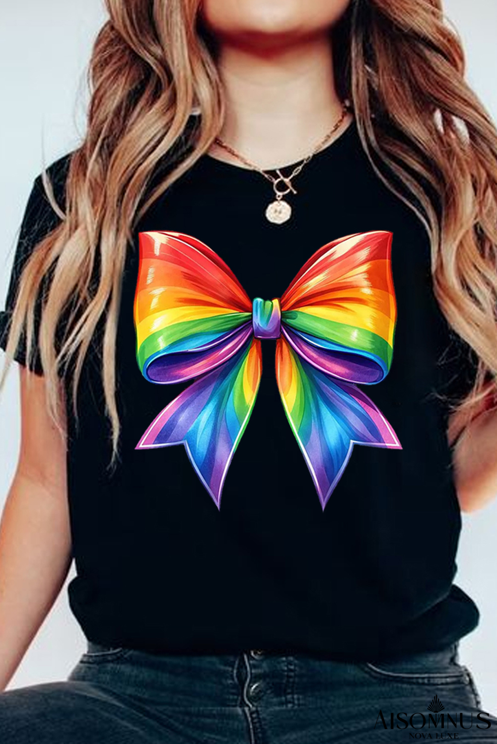 Black Rainbow Bow Graphic Round Neck T Shirt