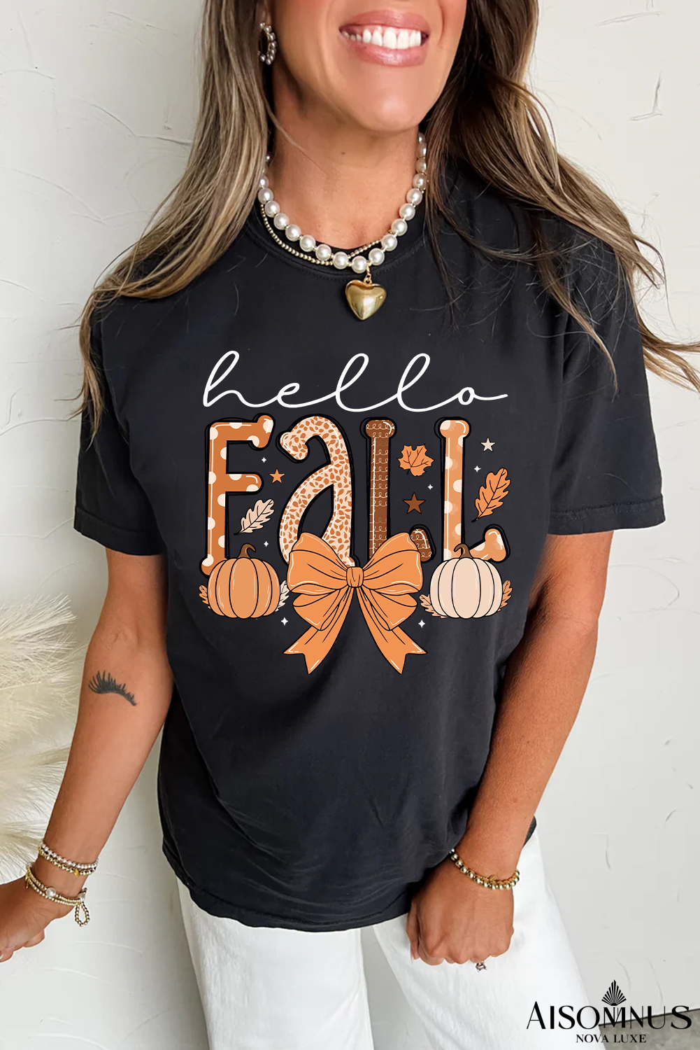 Black Hello Fall Thanksgiving Bow Pumpkin Graphic Tee